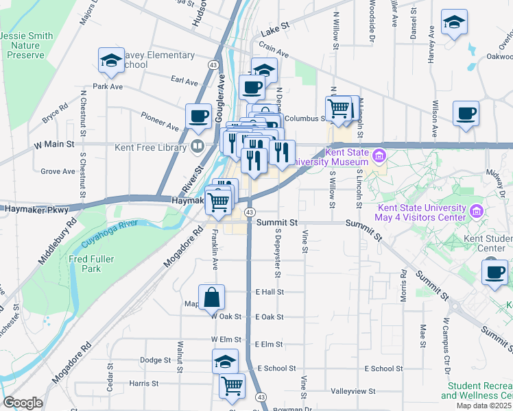 map of restaurants, bars, coffee shops, grocery stores, and more near 319 South Water Street in Kent