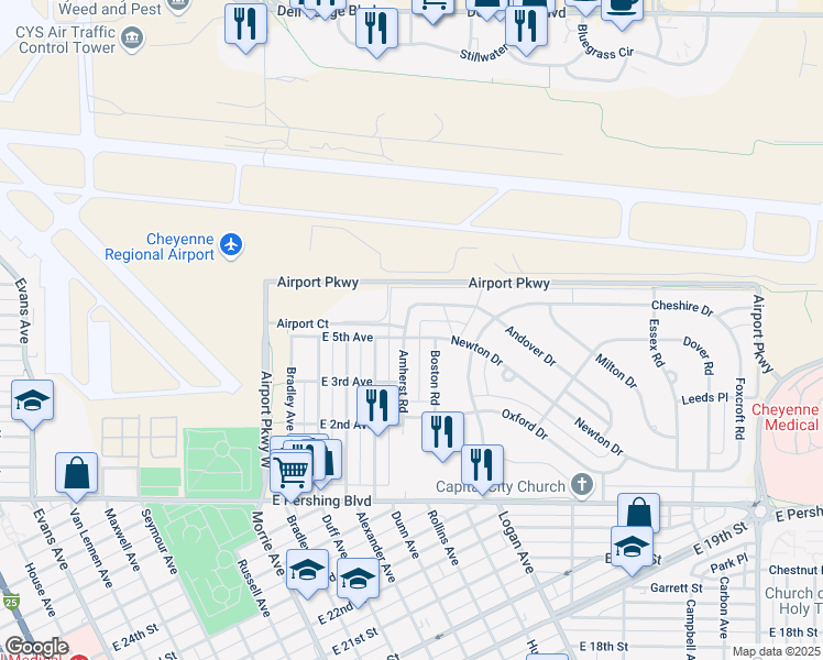 map of restaurants, bars, coffee shops, grocery stores, and more near 1502 Newton Drive in Cheyenne