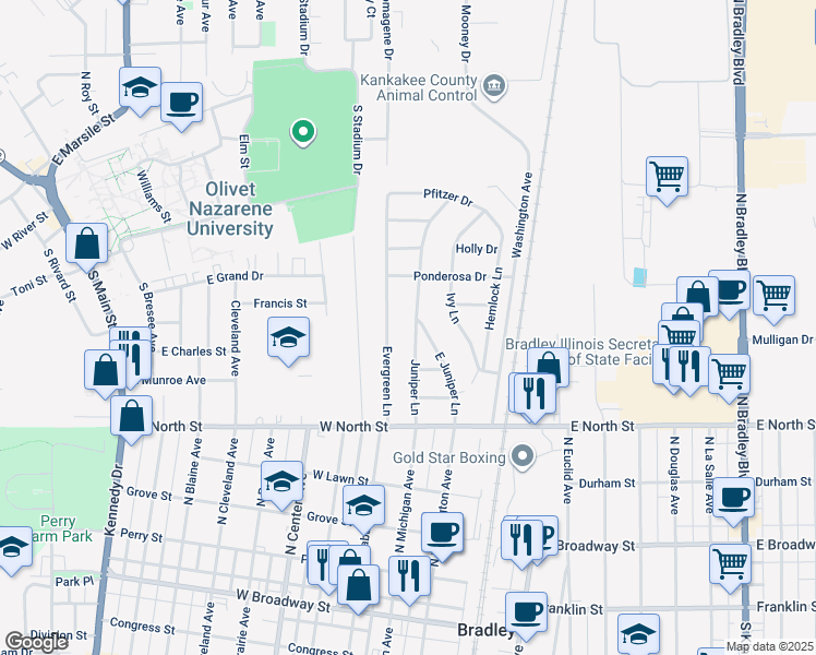 map of restaurants, bars, coffee shops, grocery stores, and more near 553 Juniper Lane in Bradley