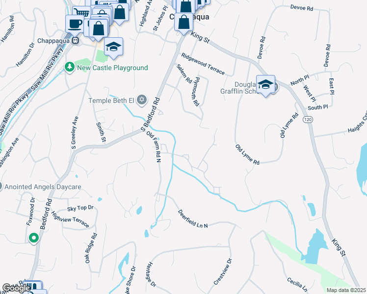 map of restaurants, bars, coffee shops, grocery stores, and more near 123 Stone Bridge Square in Chappaqua