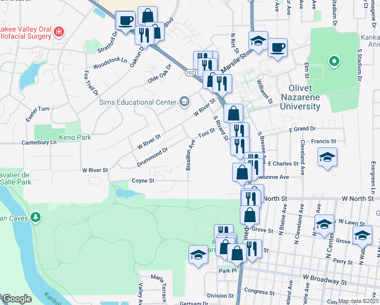 map of restaurants, bars, coffee shops, grocery stores, and more near 430 Bisaillon Avenue in Bourbonnais