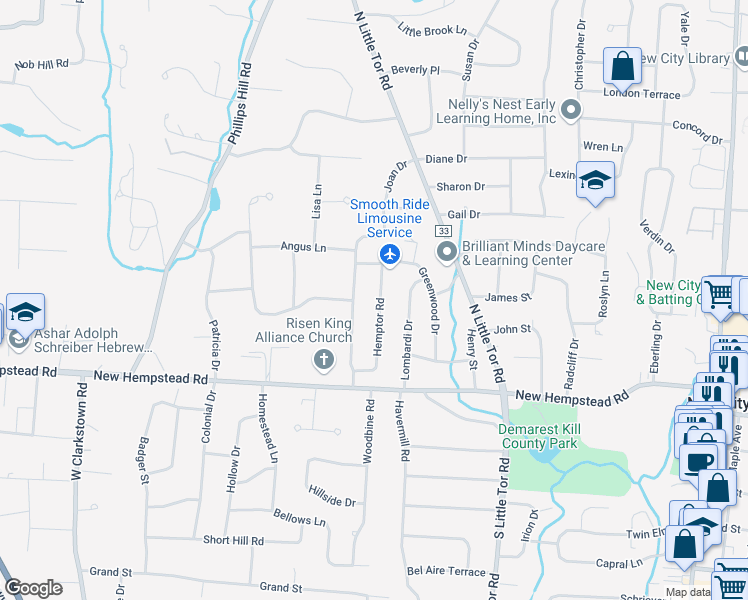 map of restaurants, bars, coffee shops, grocery stores, and more near 25 Hemptor Road in New City