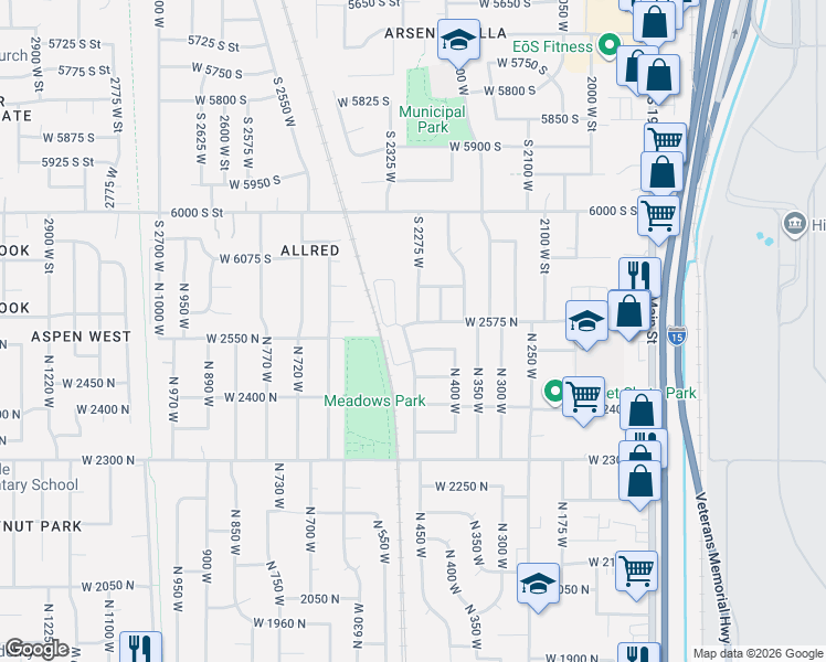 map of restaurants, bars, coffee shops, grocery stores, and more near 459 West 2575 North in Sunset