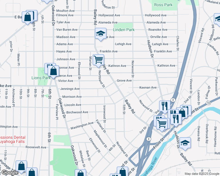 map of restaurants, bars, coffee shops, grocery stores, and more near 26 Jennings Ave in Cuyahoga Falls