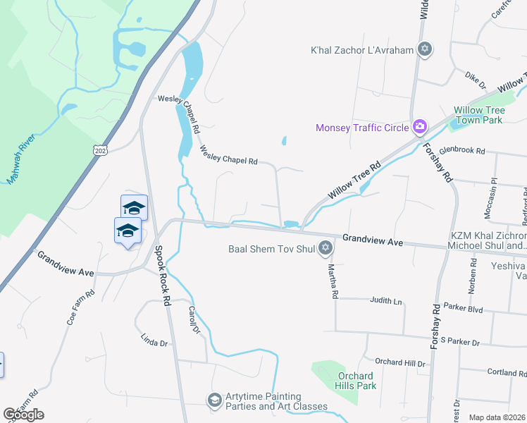 map of restaurants, bars, coffee shops, grocery stores, and more near 3 Thornbrook Lane in Suffern