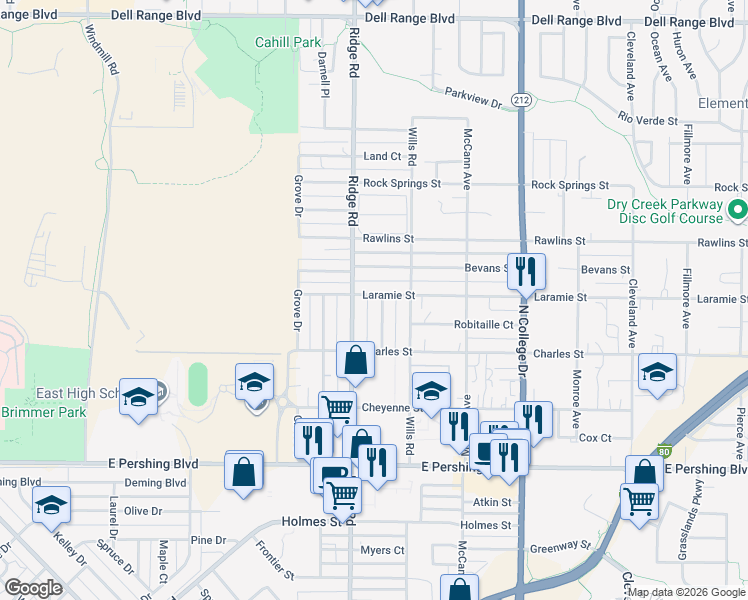 map of restaurants, bars, coffee shops, grocery stores, and more near 3419 Laramie Street in Cheyenne