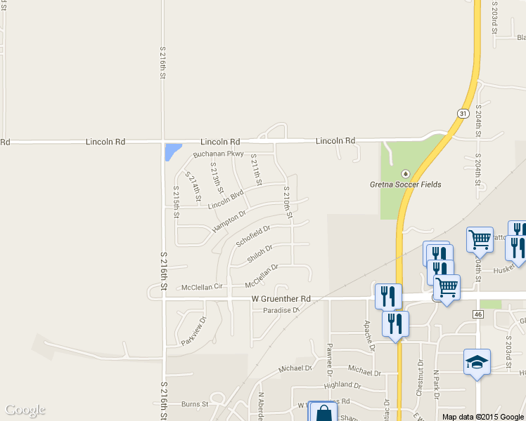 map of restaurants, bars, coffee shops, grocery stores, and more near 21101 Hampton Drive in Gretna