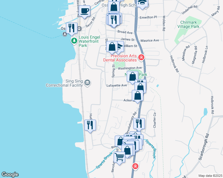 map of restaurants, bars, coffee shops, grocery stores, and more near 260 Spring Street in Ossining