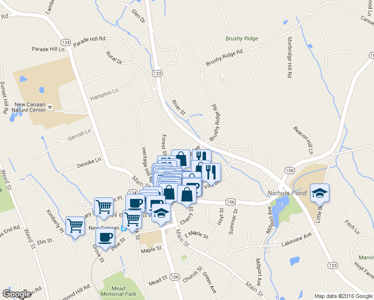 map of restaurants, bars, coffee shops, grocery stores, and more near 102 Locust Avenue in New Canaan
