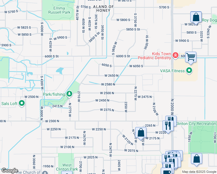 map of restaurants, bars, coffee shops, grocery stores, and more near 2558 N 2500 W in Clinton