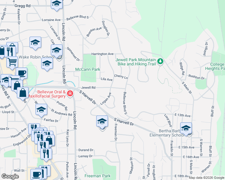 map of restaurants, bars, coffee shops, grocery stores, and more near 705 Jewell Road in Bellevue