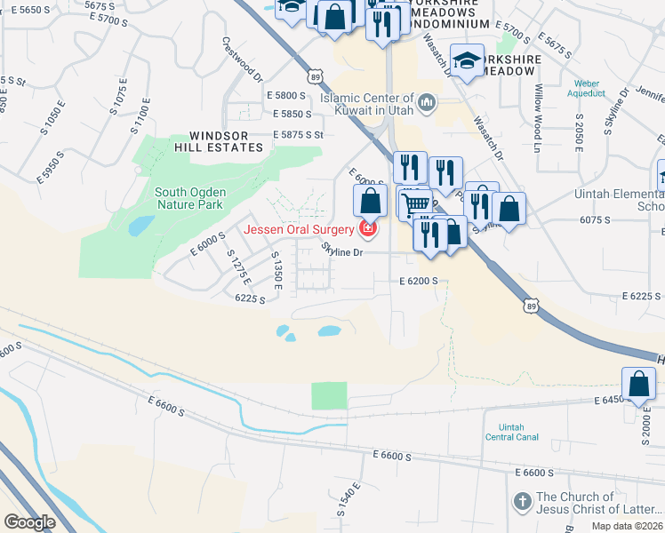 map of restaurants, bars, coffee shops, grocery stores, and more near 6146 Brighton Ridge Drive in South Ogden