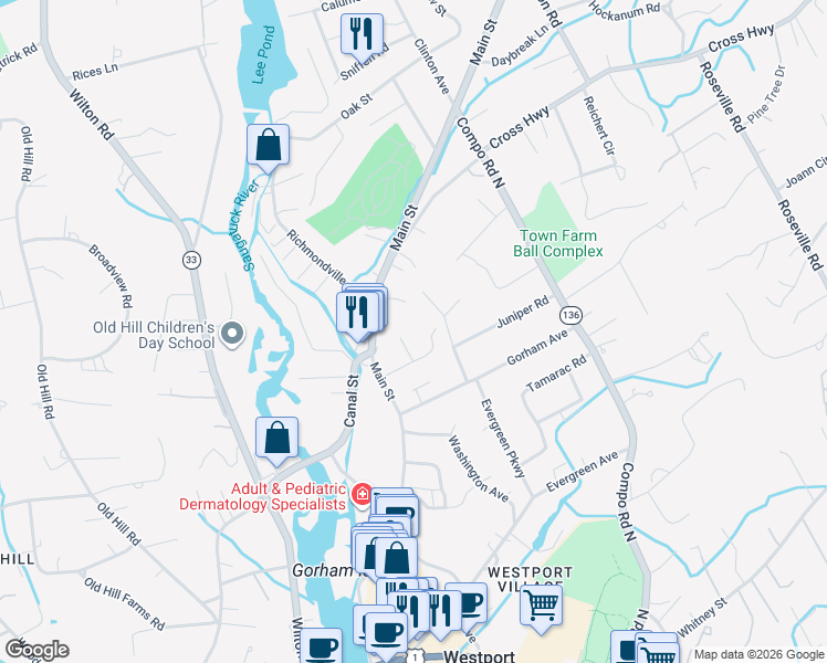 map of restaurants, bars, coffee shops, grocery stores, and more near 8 Cunningham Place in Westport
