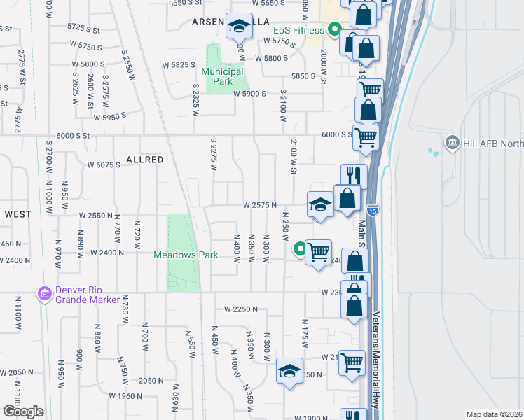 map of restaurants, bars, coffee shops, grocery stores, and more near 321 West 2575 North in Sunset