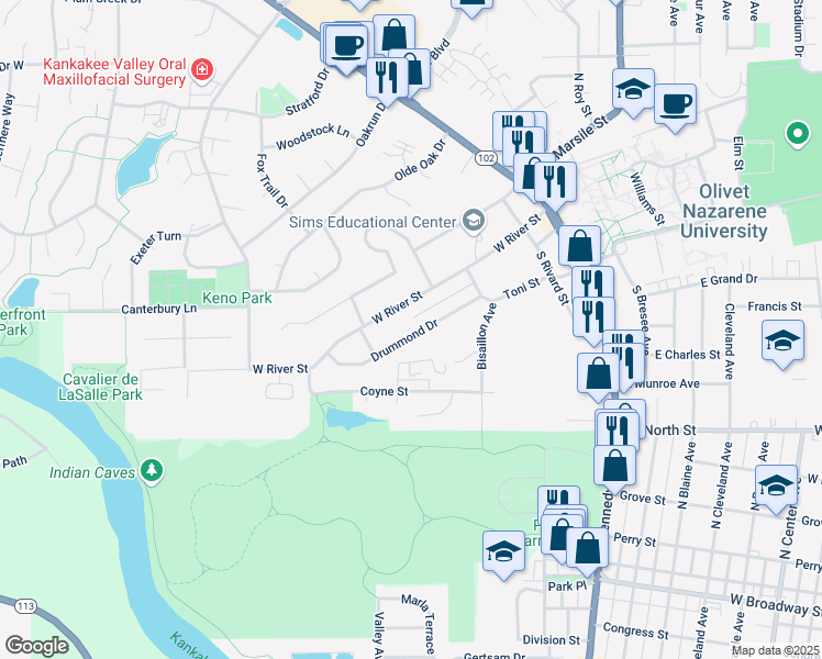 map of restaurants, bars, coffee shops, grocery stores, and more near 515 Drummond Drive in Bourbonnais