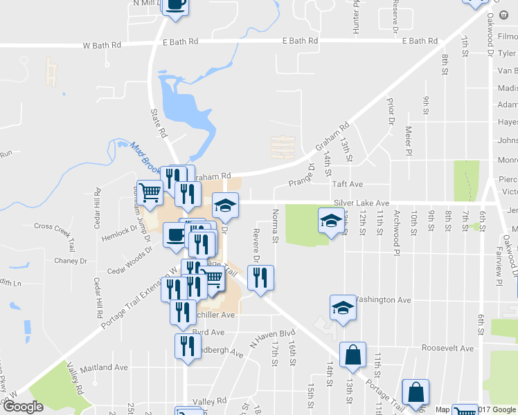 map of restaurants, bars, coffee shops, grocery stores, and more near 1834 Silver Lake Ave in Cuyahoga Falls