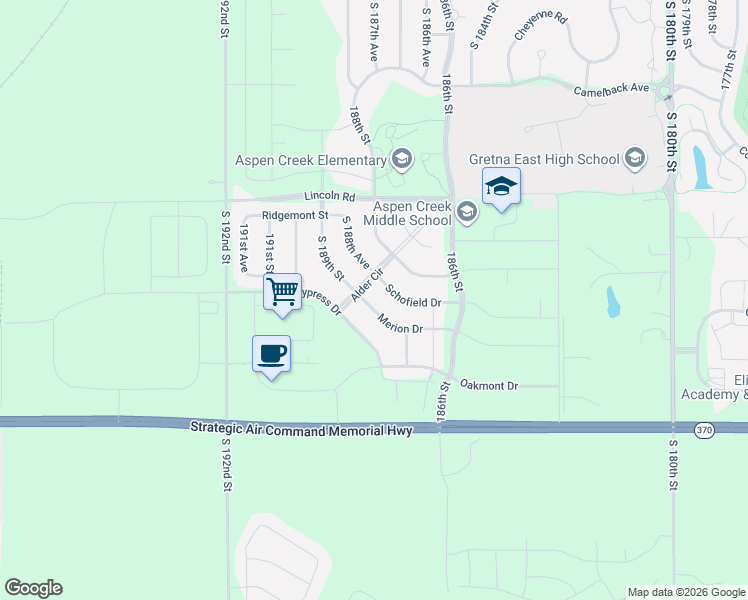 map of restaurants, bars, coffee shops, grocery stores, and more near 18907 Alder Drive in Omaha