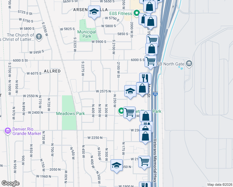 map of restaurants, bars, coffee shops, grocery stores, and more near 2564 North 250 West in Sunset