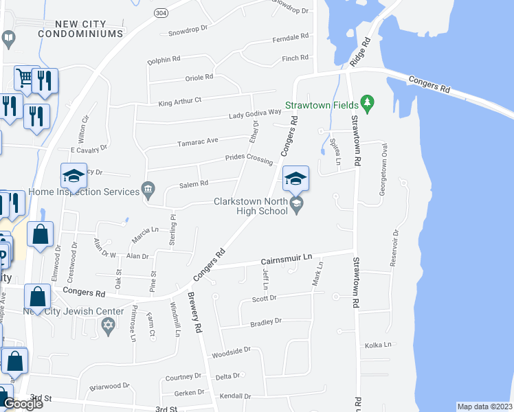 map of restaurants, bars, coffee shops, grocery stores, and more near 234 Congers Road in New City