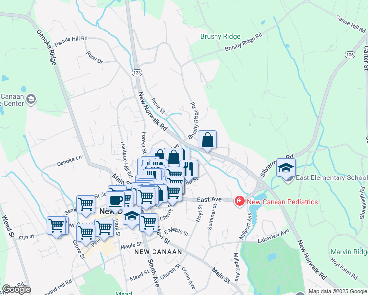 map of restaurants, bars, coffee shops, grocery stores, and more near 14 Summer Street in New Canaan