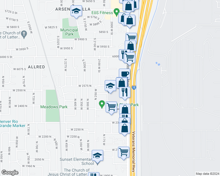 map of restaurants, bars, coffee shops, grocery stores, and more near 147 West 2575 North in Sunset