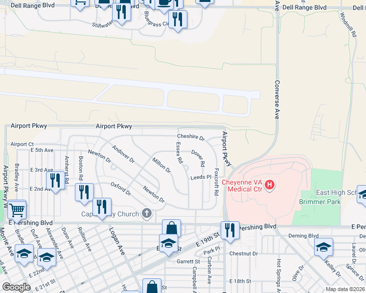 map of restaurants, bars, coffee shops, grocery stores, and more near 3671 Dover Road in Cheyenne