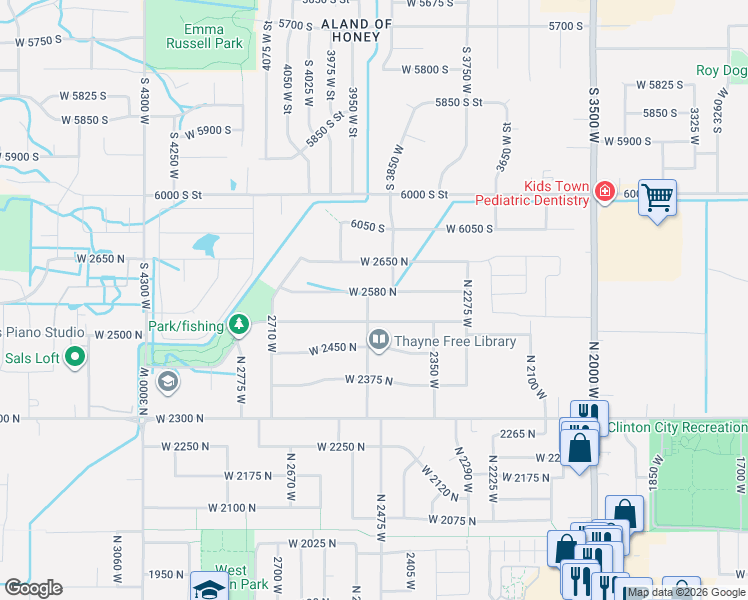 map of restaurants, bars, coffee shops, grocery stores, and more near 2558 North 2500 West in Clinton