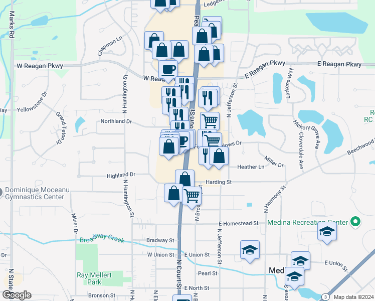 map of restaurants, bars, coffee shops, grocery stores, and more near 870 North Court Street in Medina