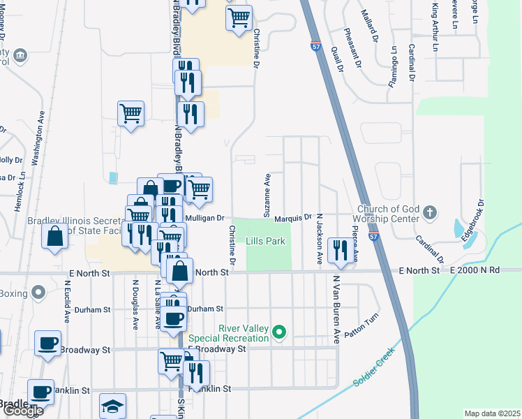 map of restaurants, bars, coffee shops, grocery stores, and more near 517 Suzanne Avenue in Bradley