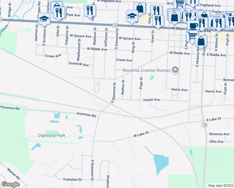 map of restaurants, bars, coffee shops, grocery stores, and more near 625 Diamond Circle in Ravenna