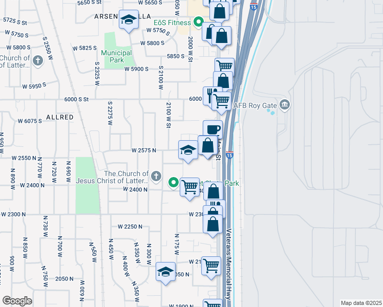 map of restaurants, bars, coffee shops, grocery stores, and more near 131 West 2575 North in Sunset