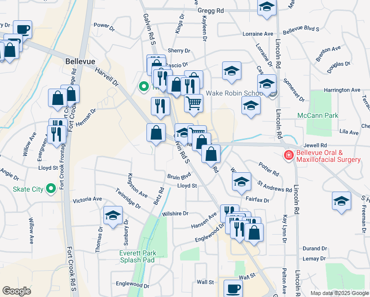 map of restaurants, bars, coffee shops, grocery stores, and more near 1000 Galvin Road South in Bellevue