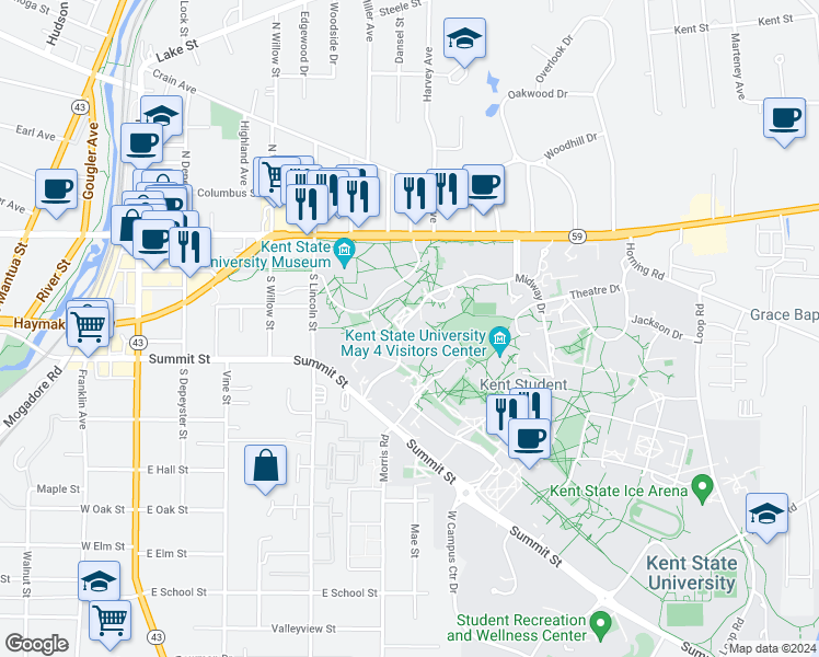 map of restaurants, bars, coffee shops, grocery stores, and more near 325 Terrace Drive in Kent