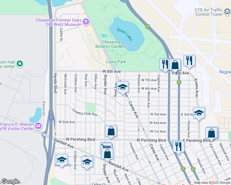 map of restaurants, bars, coffee shops, grocery stores, and more near 812-818 Frontier Park Avenue in Cheyenne