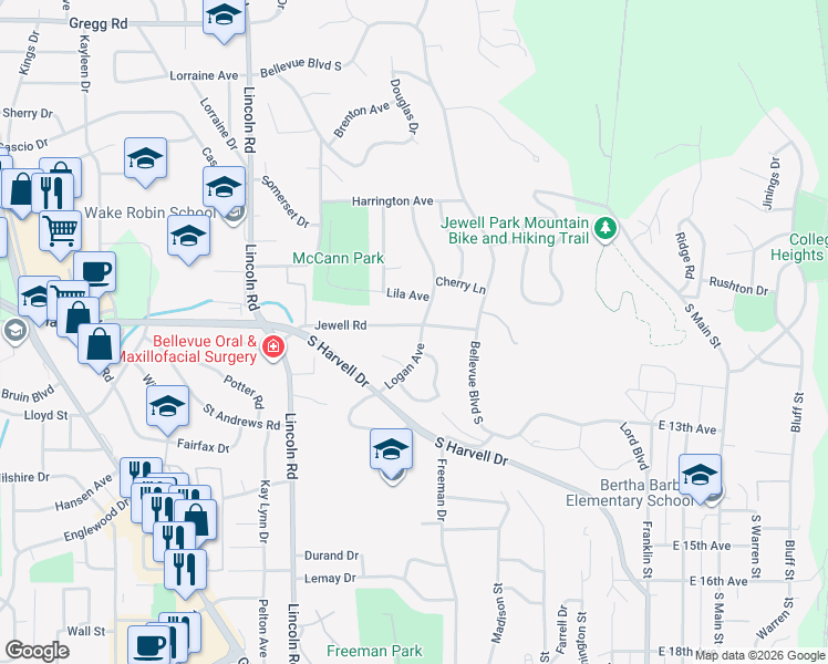 map of restaurants, bars, coffee shops, grocery stores, and more near 705 Jewell Road in Bellevue