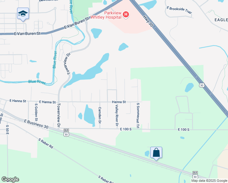 map of restaurants, bars, coffee shops, grocery stores, and more near Valley River Dr in Columbia City