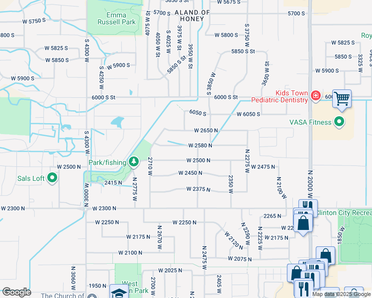 map of restaurants, bars, coffee shops, grocery stores, and more near 2583 West 2580 North in Clinton