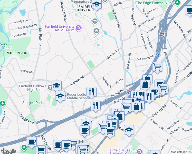 map of restaurants, bars, coffee shops, grocery stores, and more near 40 Ermine Street in Fairfield