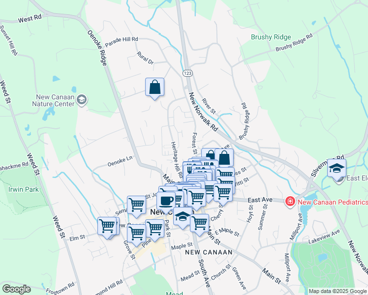 map of restaurants, bars, coffee shops, grocery stores, and more near 53 Heritage Hill Road in New Canaan