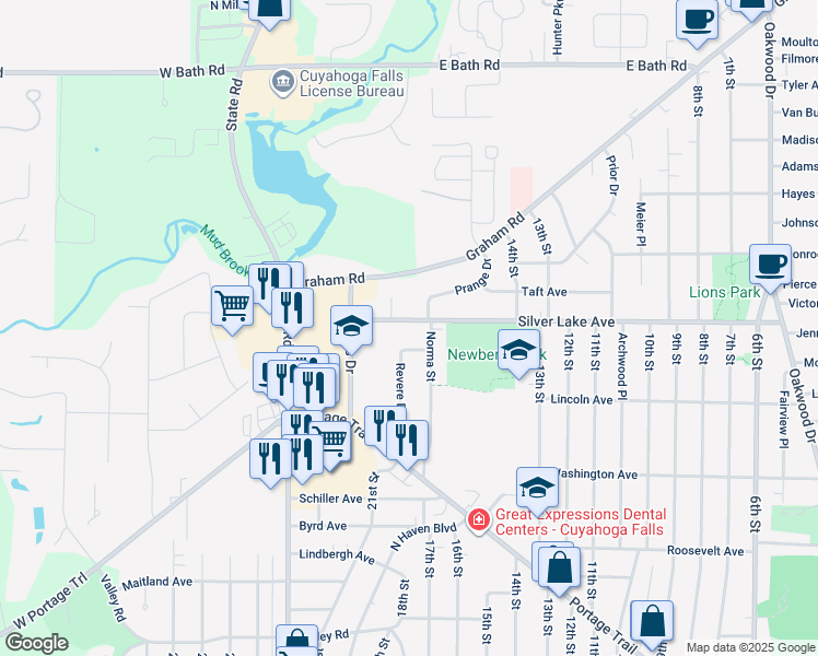 map of restaurants, bars, coffee shops, grocery stores, and more near 1834 Silver Lake Avenue in Cuyahoga Falls