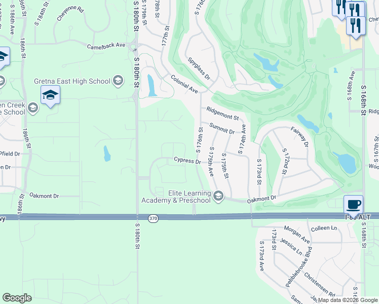 map of restaurants, bars, coffee shops, grocery stores, and more near 10820 176th Street in Omaha