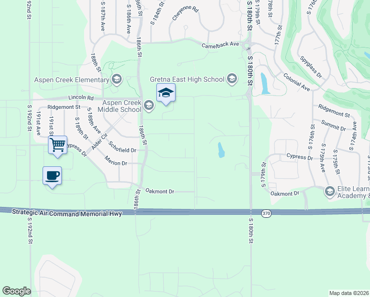 map of restaurants, bars, coffee shops, grocery stores, and more near 10754 South 183rd Avenue Circle in Omaha