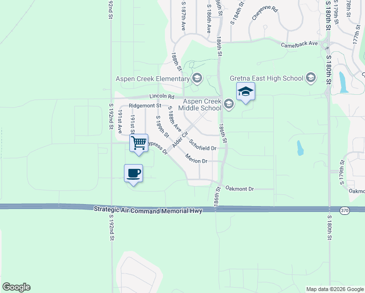 map of restaurants, bars, coffee shops, grocery stores, and more near 18907 Alder Drive in Omaha