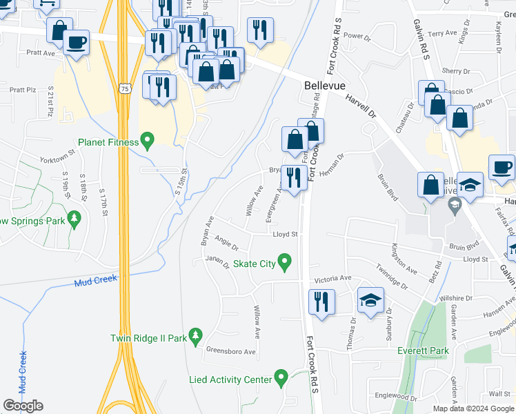 map of restaurants, bars, coffee shops, grocery stores, and more near 2722 Woodbine Court in Bellevue