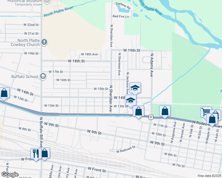 map of restaurants, bars, coffee shops, grocery stores, and more near 1800 West 15th Street in North Platte