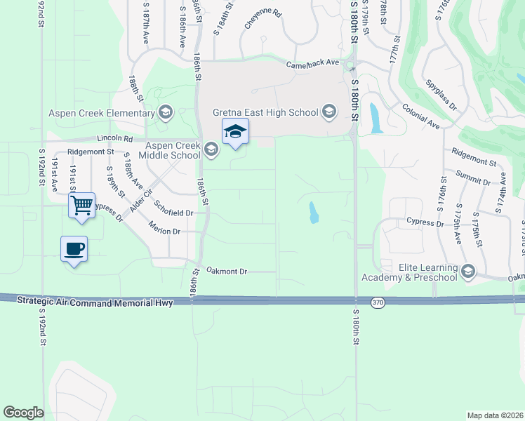 map of restaurants, bars, coffee shops, grocery stores, and more near 10754 South 183rd Avenue Circle in Omaha