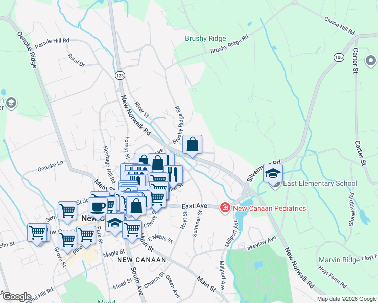 map of restaurants, bars, coffee shops, grocery stores, and more near 30 Hill Street in New Canaan