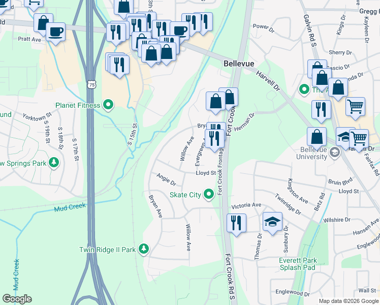 map of restaurants, bars, coffee shops, grocery stores, and more near 2722 Woodbine Court in Bellevue