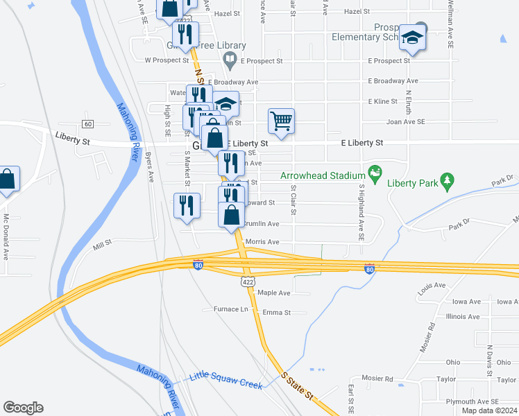 map of restaurants, bars, coffee shops, grocery stores, and more near 49 East Howard Street in Girard