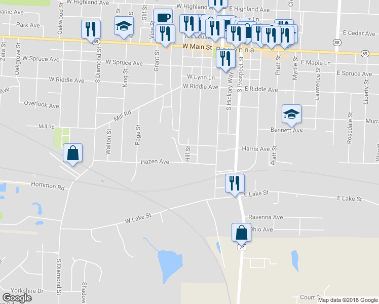 map of restaurants, bars, coffee shops, grocery stores, and more near 625 Hill St in Ravenna